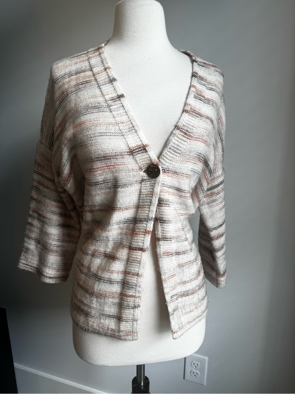 Pure Jill Striped Cream & Tan Button-Front Knit Cardigan